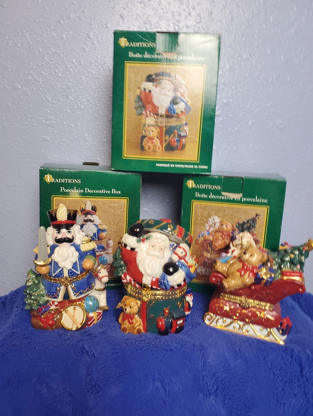 Set Of 3 Traditions Porcelain Decorative Trinket Boxes Santa Sleigh Nutcracker